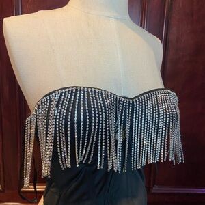 Rhinestone Fringe Strapless Corset Top – Black